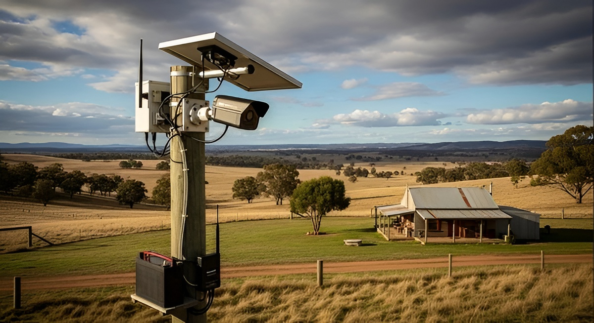 Solar-powered security camera on pole with data cabling, overlooking rural house and fields under partly cloudy sky.